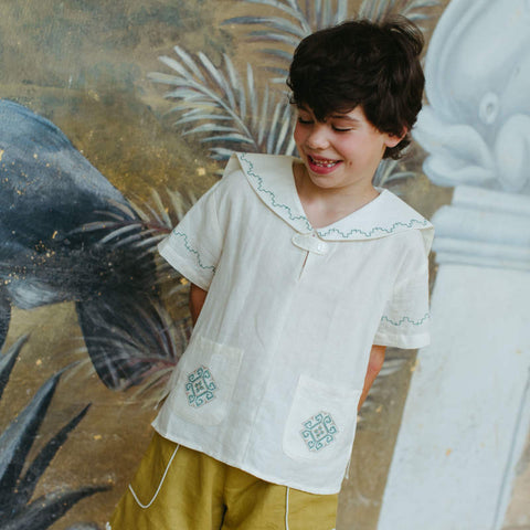 【D1】Lali Kids（ラリキッズ）2026SS Sailor Shirt in Antique White キッズセーラー襟シャツ