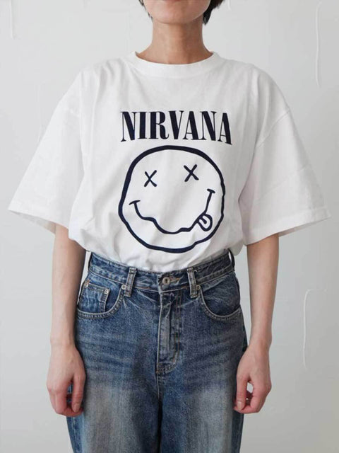 380. JOHNBULLE ジョンブル / NIRVANA SMILEY Tシャツ(ホワイト/ブラック)ユニセックス  (JT261C44)