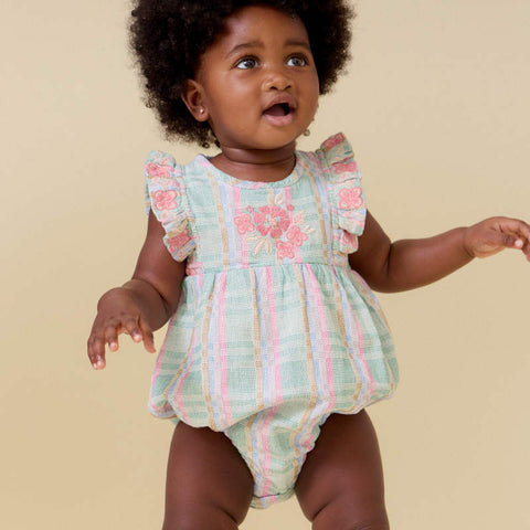 【D1】Lali Kids（ラリキッズ）2026SS Baby Flora Romper in Minty Chex　ロンパース