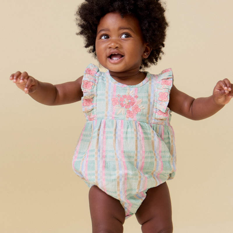 D1】Lali Kids（ラリキッズ）2026SS Baby Flora Romper in Minty Chex