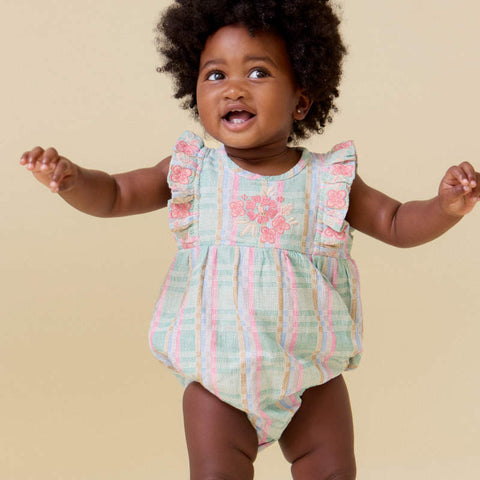 【D1】Lali Kids（ラリキッズ）2026SS Baby Flora Romper in Minty Chex　ロンパース