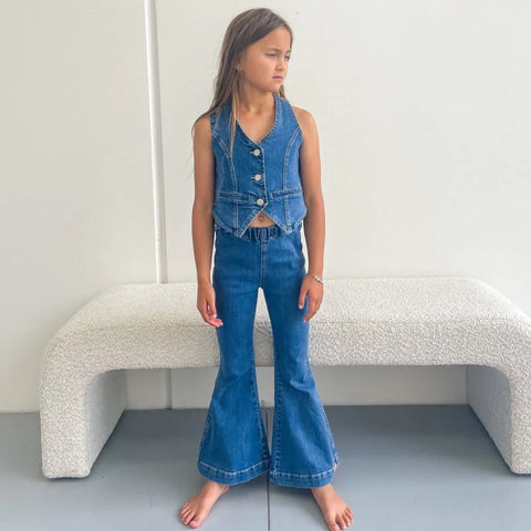 【drop3】Twin Collective Kids FARRAH FLARE JEAN WESTERN BLUE サスペンダー付きフレアジーンズ(twincollective)