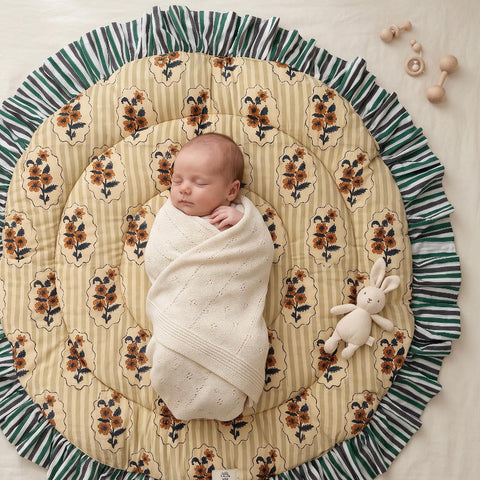 saruche（サルーチェ）Baby Play Mat Round Frill - スモールサイズ / 厚手 - Olive Brown リバーシブルプレイマット.