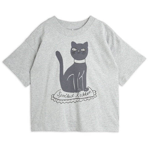 mini rodini 2024AW CAT SP SS TEE Grey melange cat print T-shirt