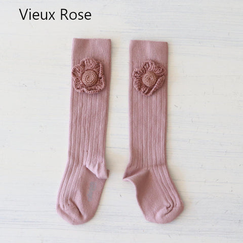 [Back in stock] collegien Fleur Ribbed knee-high socks with Hand- Crocheted Flower [2968]