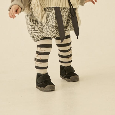 elfinFolk 2024AW Wide Stripe × LOGO Leggings ivory×black logo leggings