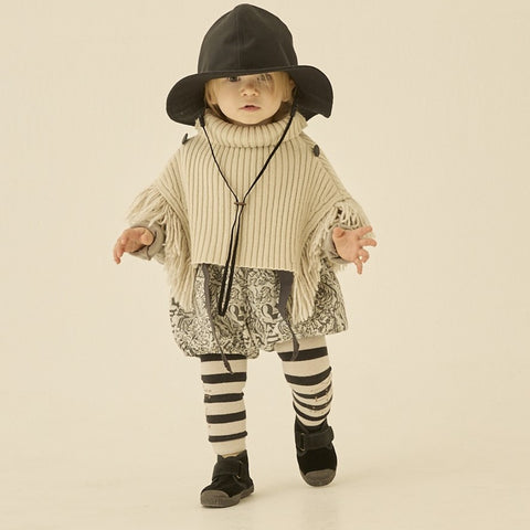 elfinFolk 2024AW Wide Stripe × LOGO Leggings ivory×black logo leggings