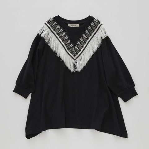 elfinFolk 2024AW ZigZag Fringe Long Tee black Fringe long T-shirt