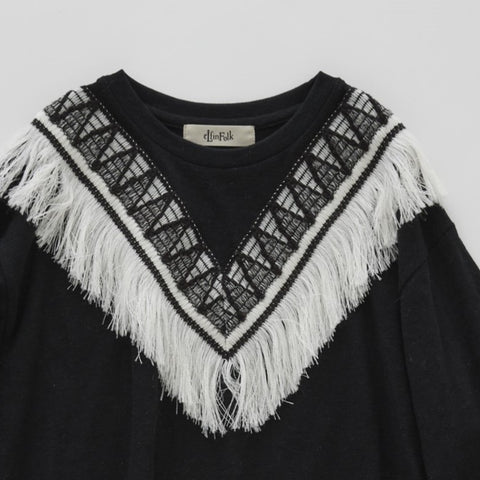 elfinFolk 2024AW ZigZag Fringe Long Tee black Fringe long T-shirt