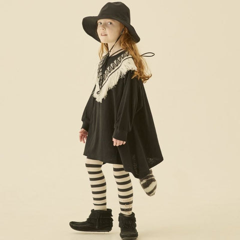 elfinFolk 2024AW ZigZag Fringe Long Tee black Fringe long T-shirt