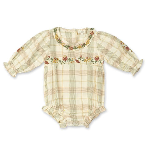 Lali Kids 2024AW JUNIPER ROMPER - HARVEST PLAID WITH EMBROIDERY Romper Harvest Check Pattern