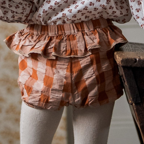 Little Cotton Clothes 2024AW Poppy Frilly Bloomers - Seersucker Gingham Gingham in Russet Bloomers