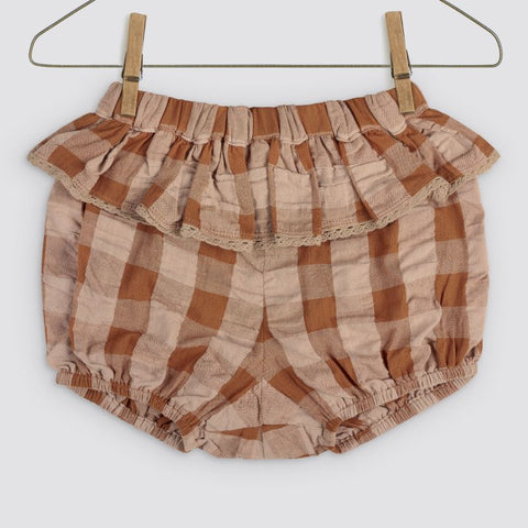 Little Cotton Clothes 2024AW Poppy Frilly Bloomers - Seersucker Gingham Gingham in Russet Bloomers