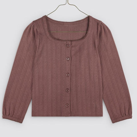 Little Cotton Clothes（リトルコットンクローズ）2024AW  Button Pointelle Tee - Marsala  ボタン付きポインテール長袖Tシャツ