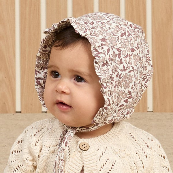 D2】Quincy Mae（クインシーメイ）2024AW WOVEN RUFFLE BONNET MAUVE DITSY ボンネット、ベビ –  LePuju