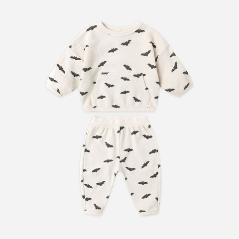 【D1】Quincy Mae（クインシーメイ）2025AW WAFFLE SLOUCH SET  -BATS- コウモリ柄トップス＋パンツセット