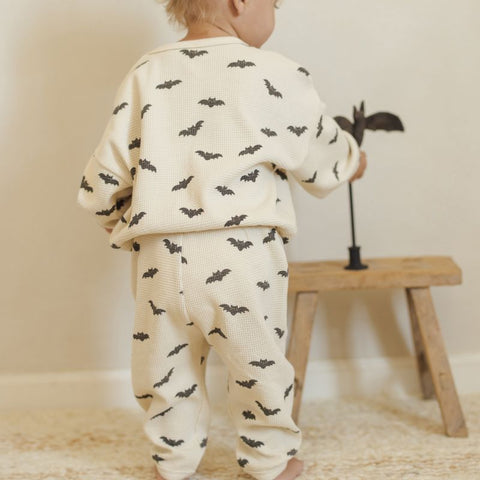 【D1】Quincy Mae（クインシーメイ）2025AW WAFFLE SLOUCH SET  -BATS- コウモリ柄トップス＋パンツセット