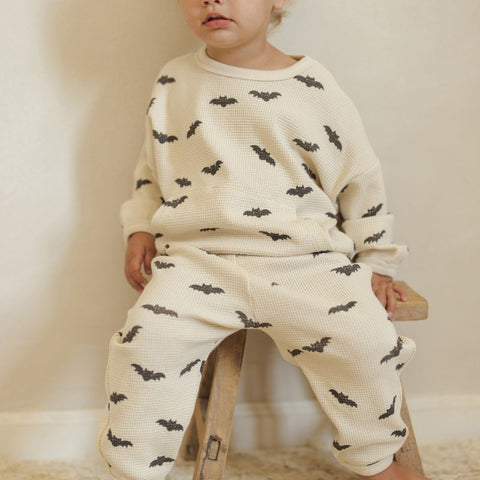 【D1】Quincy Mae（クインシーメイ）2025AW WAFFLE SLOUCH SET  -BATS- コウモリ柄トップス＋パンツセット