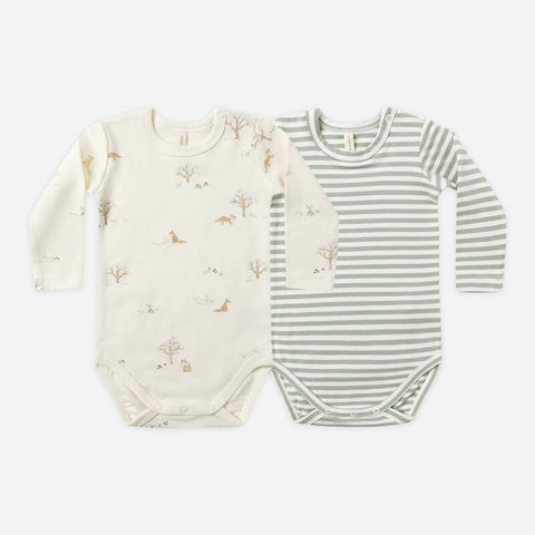 【D1】Quincy Mae（クインシーメイ）2025AW JERSEY BODYSUIT　2 PACK  -FOX LAND, FERN STRIPE-  ロンパース 2セット