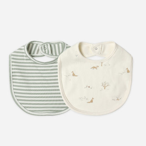 【D1】Quincy Mae（クインシーメイ）2025AW JERSEY SNAP BIB, 2 PACK -FOX LAND, FERN STRIPE- ジャージー スナップビブ、スタイ2枚セット