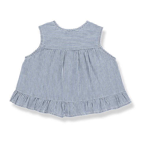 1 + in the family（ワンモア イン ザ ファミリー） 2026SS ALCUDIA -denim- ヒッコリーストライプ フリルブラウス