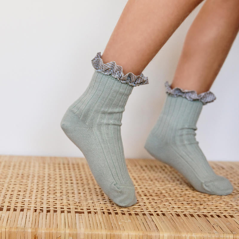 collegien（コレジアン） Brigitte Gingham Ruffle AnkleSocks ギンガム ラッフル リブ アンクルソ –  LePuju