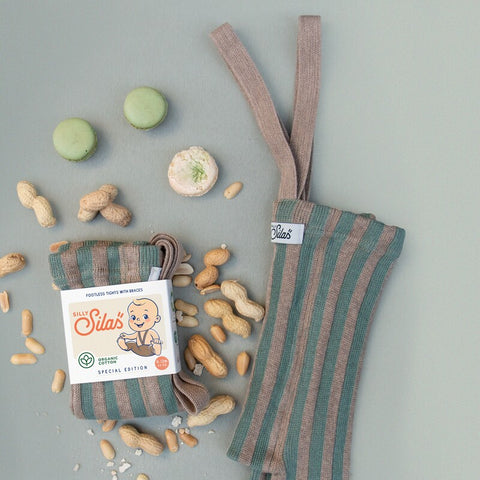 【ネコポス不可】DP-2 Silly Silas（シリーサイラス） Footless Classic Dreamy Pastels -Matcha×Peanut Striped-  ストライプ柄 フットレス　抹茶×ピーナッツ