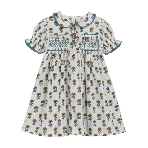 Little Cotton Clothes（リトルコットンクローズ）2024SS Organic Elizabeth Smocked Dress -marigold floral- コットンワンピース