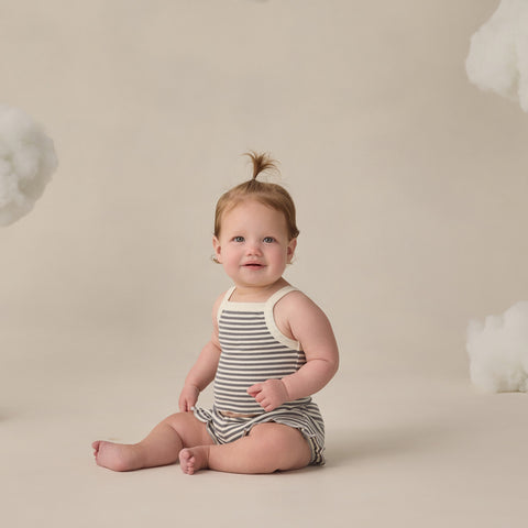 【D3】Quincy Mae（クインシーメイ）2026SS　EVIE TANK + SHORTIE SET -OCEAN STRIPE- ストライプ柄トップス+ショートパンツセット