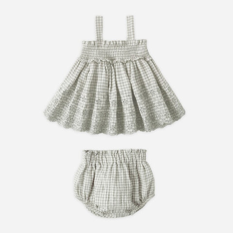 【D1】Quincy Mae（クインシーメイ）2026SS　MAE   SMOCKED TOP + BLOOMER SET -SAGE GINGHAM-  トップス+ブルマセット