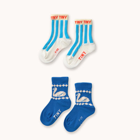 【drop1】TINYCOTTONS / タイニーコットンズ 2026SS BLUE STRIPES & SWAN MEDIUM SOCKS　ベビー・キッズソックス 靴下