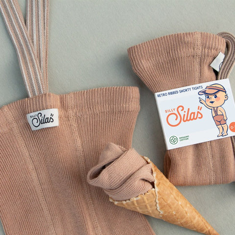 553s. Silly Silas（シリーサイラス） Shorty Tights Light Brown Striped ストライプ柄肩紐付き ショーティータイツ ライトブラウン