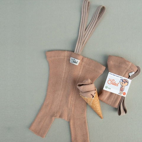 553s. Silly Silas（シリーサイラス） Shorty Tights Light Brown Striped ストライプ柄肩紐付き ショーティータイツ ライトブラウン
