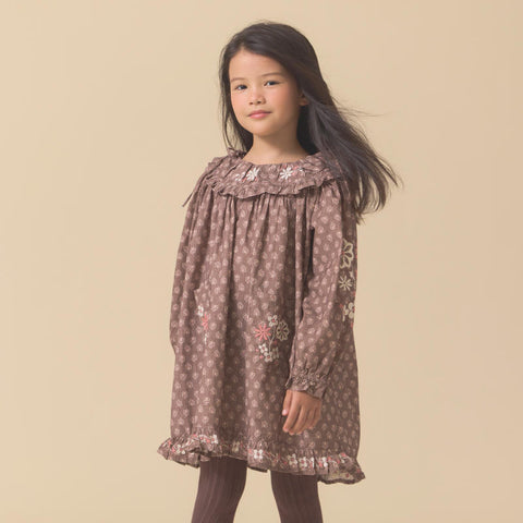 【D2】Lali Kids（ラリキッズ）2025AW Belle Dress in Brown Block Print キッズワンピース