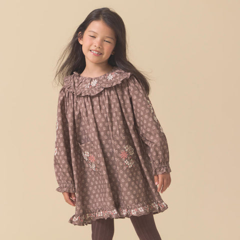 【D2】Lali Kids（ラリキッズ）2025AW Belle Dress in Brown Block Print キッズワンピース