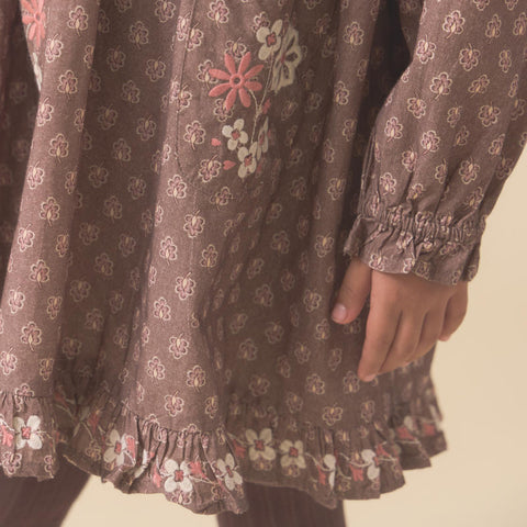 【D2】Lali Kids（ラリキッズ）2025AW Belle Dress in Brown Block Print キッズワンピース