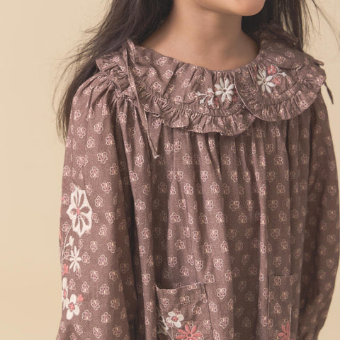 【D2】Lali Kids（ラリキッズ）2025AW Belle Dress in Brown Block Print キッズワンピース