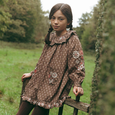 【D2】Lali Kids（ラリキッズ）2025AW Belle Dress in Brown Block Print キッズワンピース