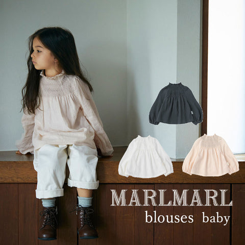 MARLMARL（マールマール）  blouses babyサイズ   長袖ブラウス  shirring pink,white,navy   8か月-3才